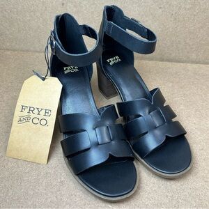 New Frye & Co Hollins Black Heeled Sandals Womens Open Toe Ankle Strap